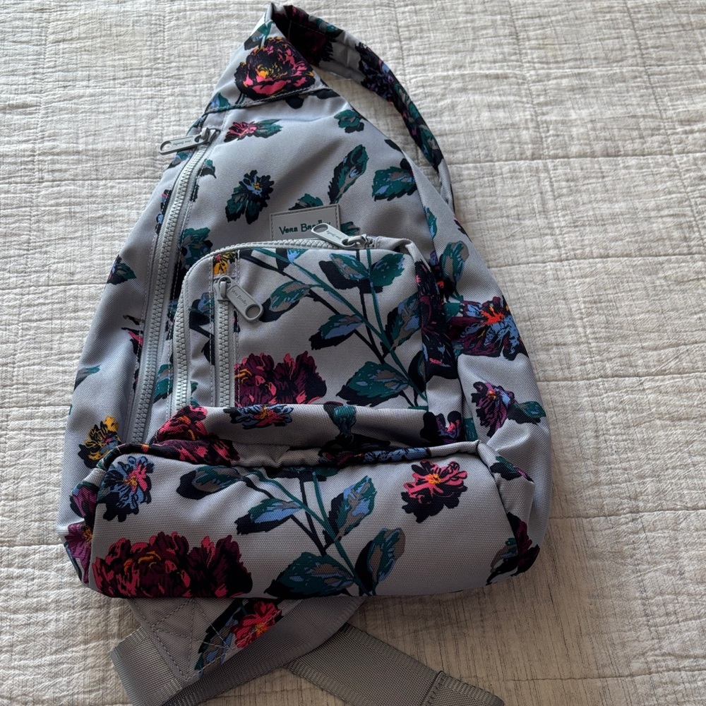 Vera Bradley Floral Sling Backpack, Light Blue Background, Pink & Teal Blooms - Picture 5 of 10